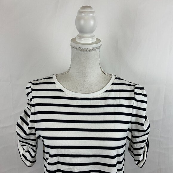 Kate Spade Top L White Black Stripe Short Ruched Sleeve - Picture 2 of 11